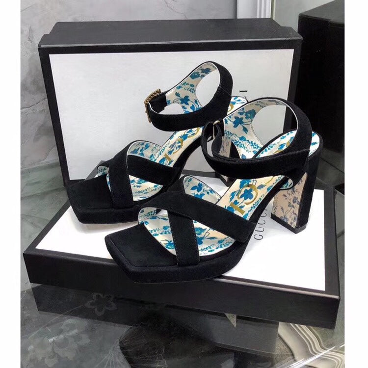 GUCCI HIGH SANDAL BLACK SUEDE WITH PATTERNS