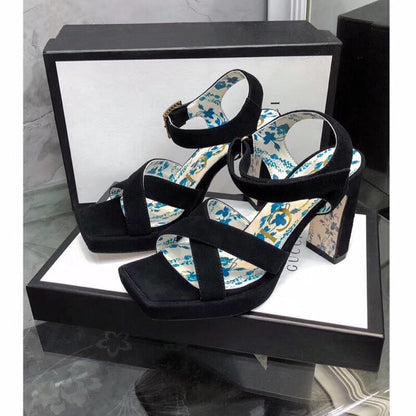 GUCCI HIGH SANDAL BLACK SUEDE WITH PATTERNS