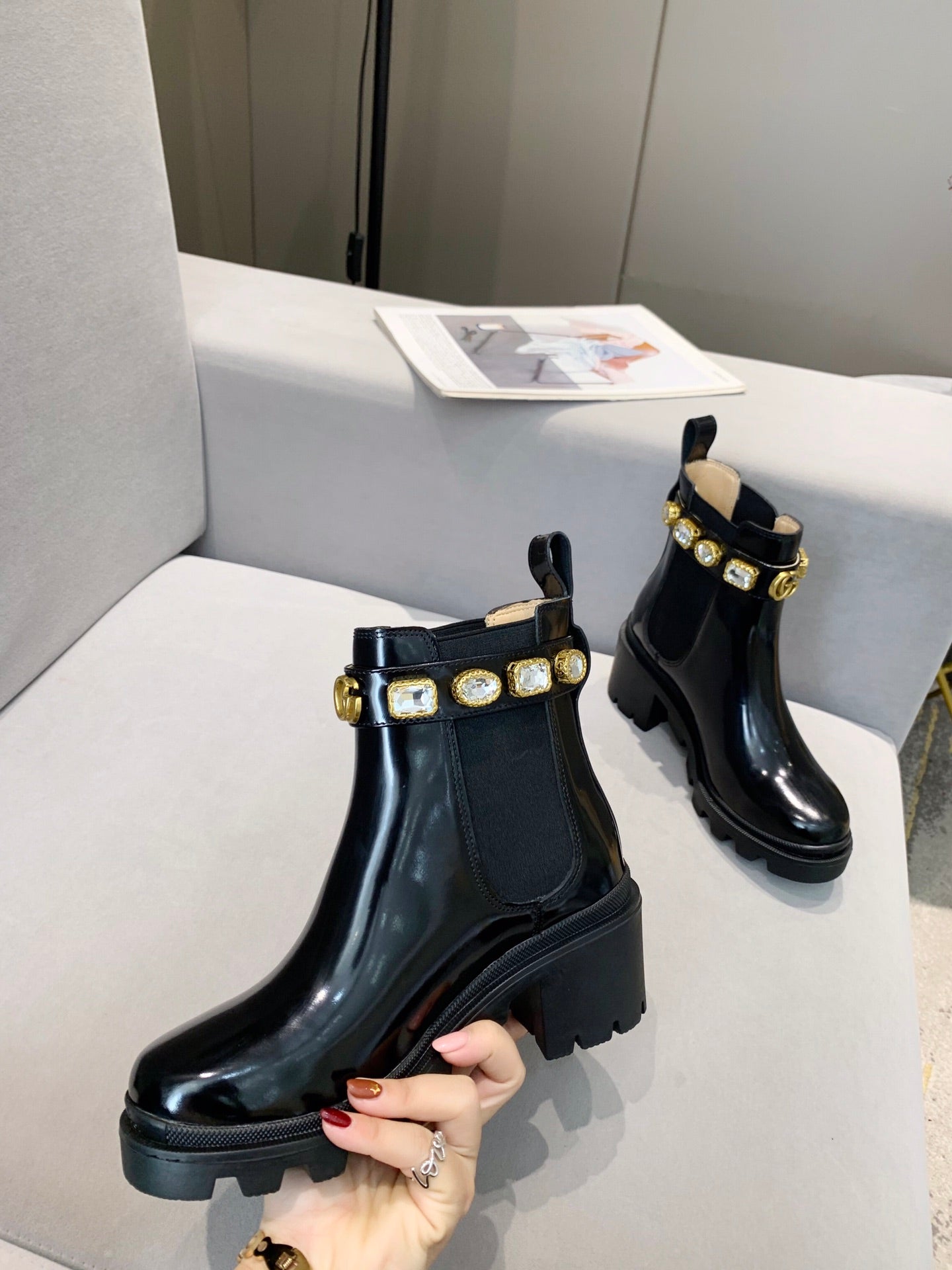 GUCCI CRYSTAL ANKLE BOOTS IN BLACK CALFSKIN GHW