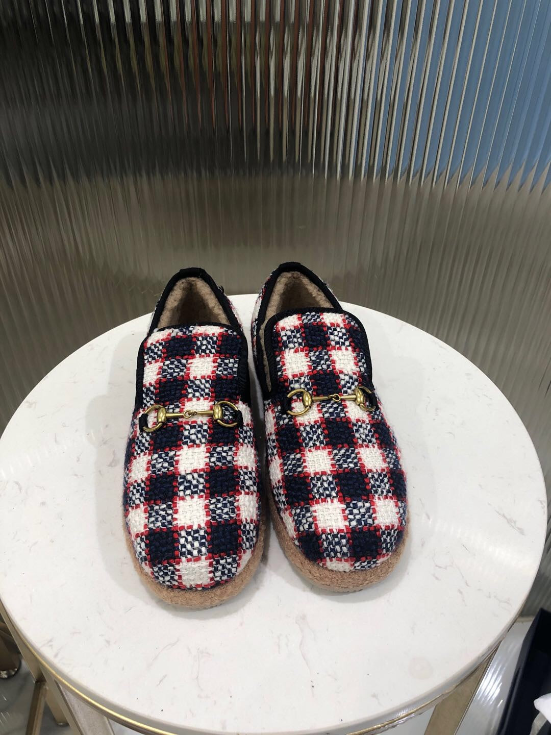 GUCCI HORSEBIT LOAFER IN COLORFUL TWEED AND LAMB FUR LINING