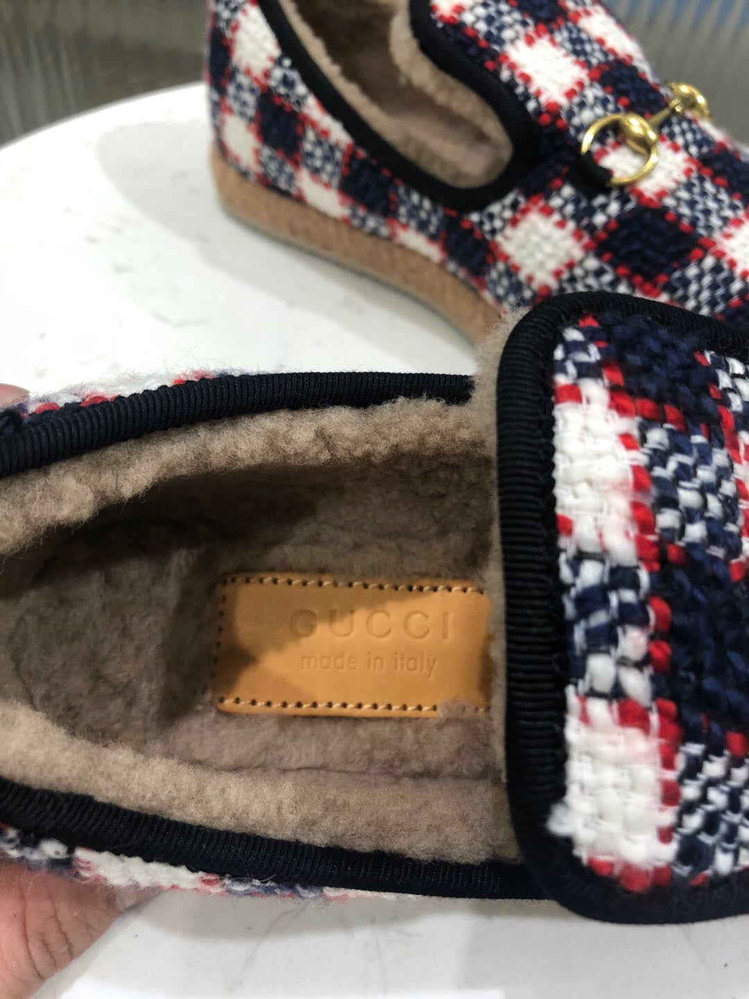 GUCCI HORSEBIT LOAFER IN COLORFUL TWEED AND LAMB FUR LINING