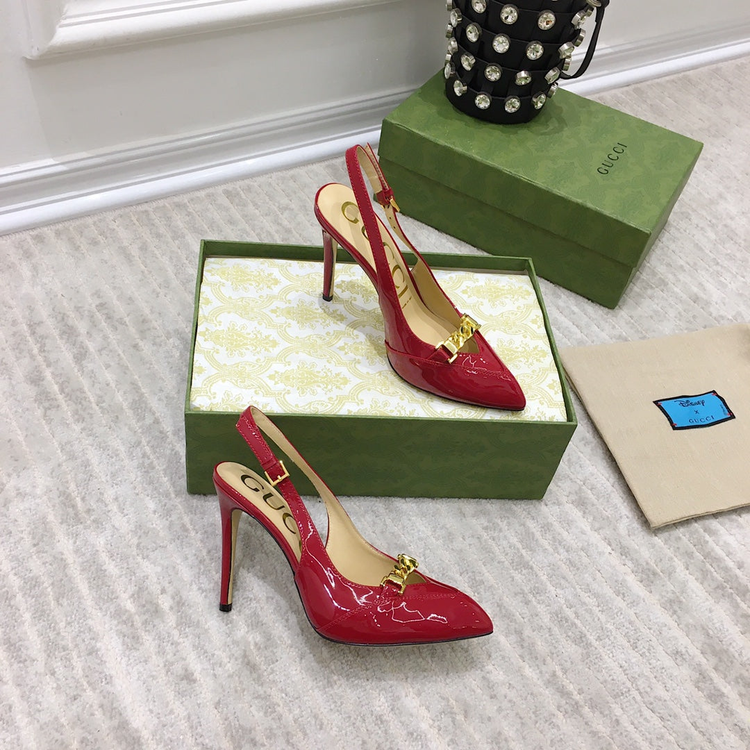 GUCCI HIGH HEEL SLINGBACK RUBY CALFSKIN WITH CHAIN