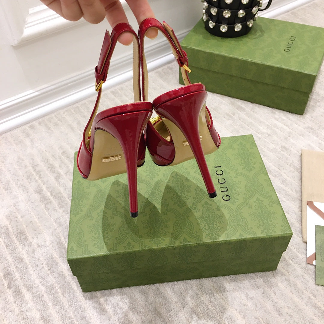 GUCCI HIGH HEEL SLINGBACK RUBY CALFSKIN WITH CHAIN