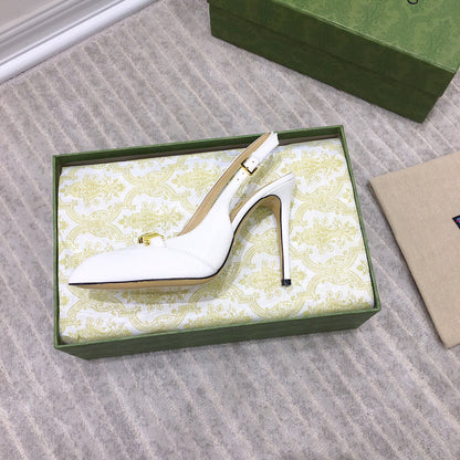 GUCCI HIGH HEEL SLINGBACK WHITE CALFSKIN WITH CHAIN