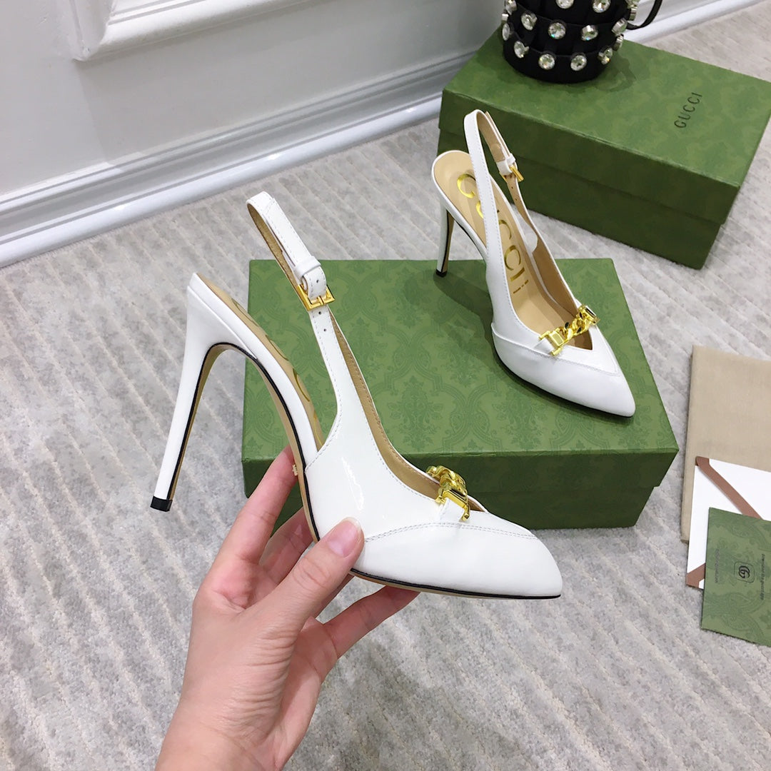 GUCCI HIGH HEEL SLINGBACK WHITE CALFSKIN WITH CHAIN