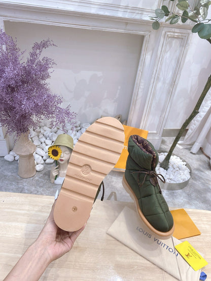 LOUIS VUITTON PILLOW COMFORT ANKLE BOOTS IN ARMY GREEN NYLON