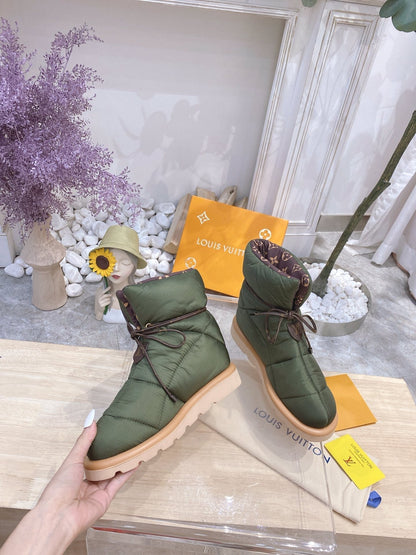 LOUIS VUITTON PILLOW COMFORT ANKLE BOOTS IN ARMY GREEN NYLON