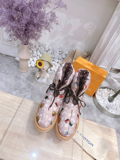 LOUIS VUITTON PILLOW COMFORT ANKLE BOOTS IN ROSY BROWN MIX WHITE MONOGRAM NYLON