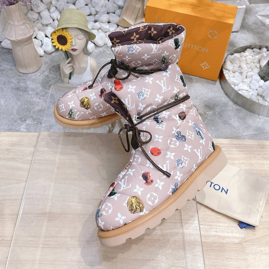 LOUIS VUITTON PILLOW COMFORT ANKLE BOOTS IN ROSY BROWN MIX WHITE MONOGRAM NYLON