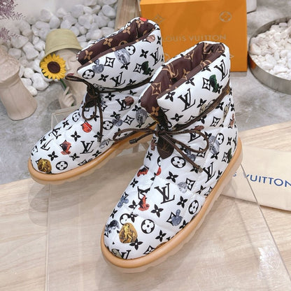 LOUIS VUITTON PILLOW COMFORT ANKLE BOOTS IN WHITE MIX BLACK MONOGRAM NYLON