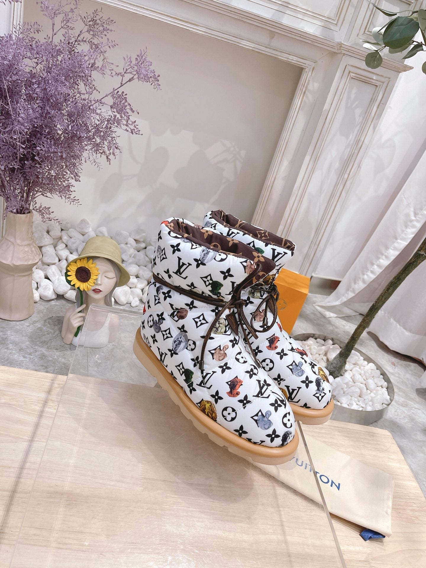 LOUIS VUITTON PILLOW COMFORT ANKLE BOOTS IN WHITE MIX BLACK MONOGRAM NYLON