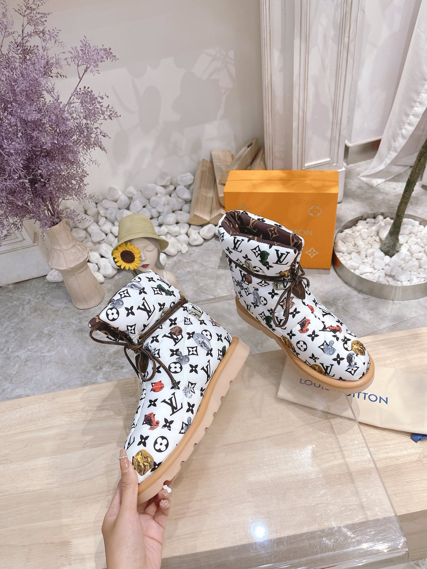 LOUIS VUITTON PILLOW COMFORT ANKLE BOOTS IN WHITE MIX BLACK MONOGRAM NYLON