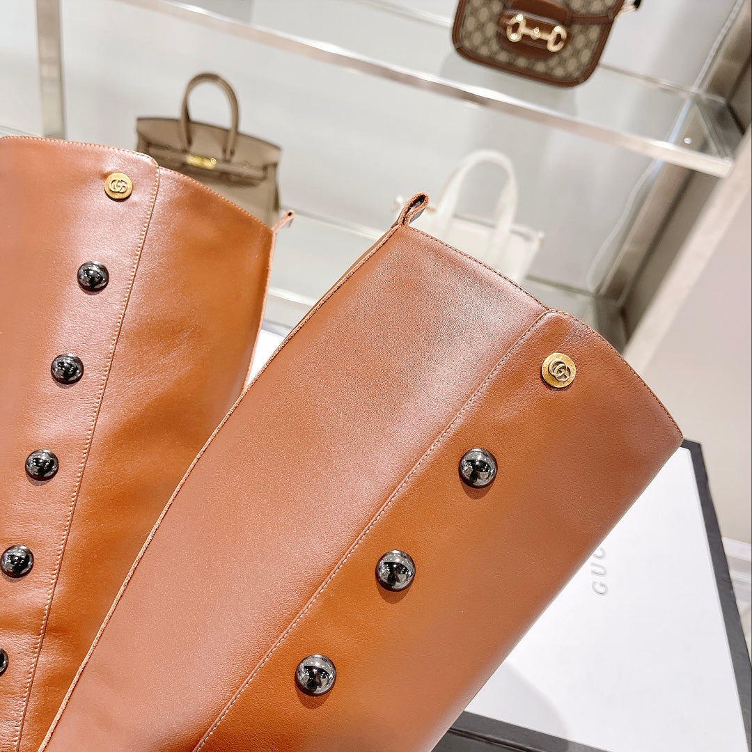 GUCCI CLASSIC KNEE HIGH BOOTS IN BRONZE BROWN IMPORTED CALFSKIN