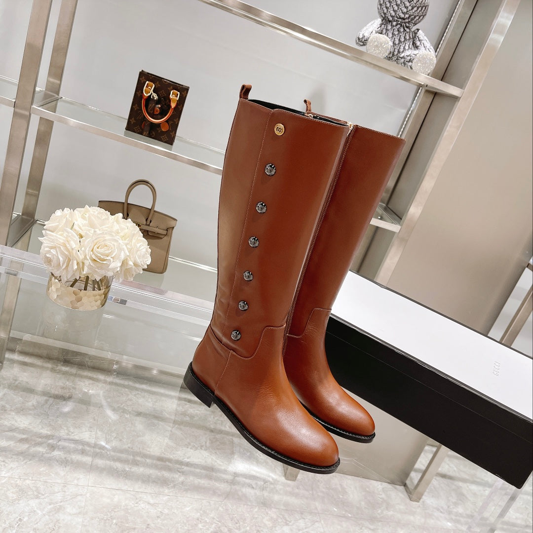 GUCCI CLASSIC KNEE HIGH BOOTS IN BRONZE BROWN IMPORTED CALFSKIN
