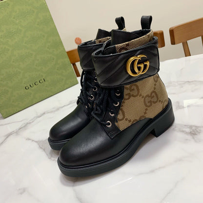 GUCCI LACE-UP ANKLE BOOTS WITH DOUBLE G BUCKLE IN BEIGE CANVAS AND BLACK SHEEPSKIN