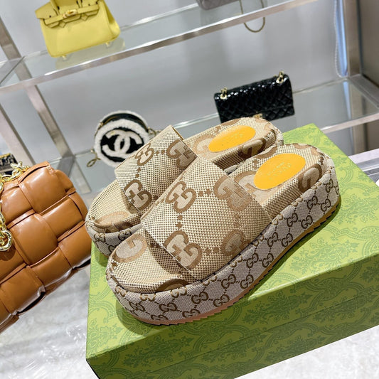 LOUIS VUITTON LV MONOGRAM THICK PLATFORM SANDALS IN BEIGE CANVAS