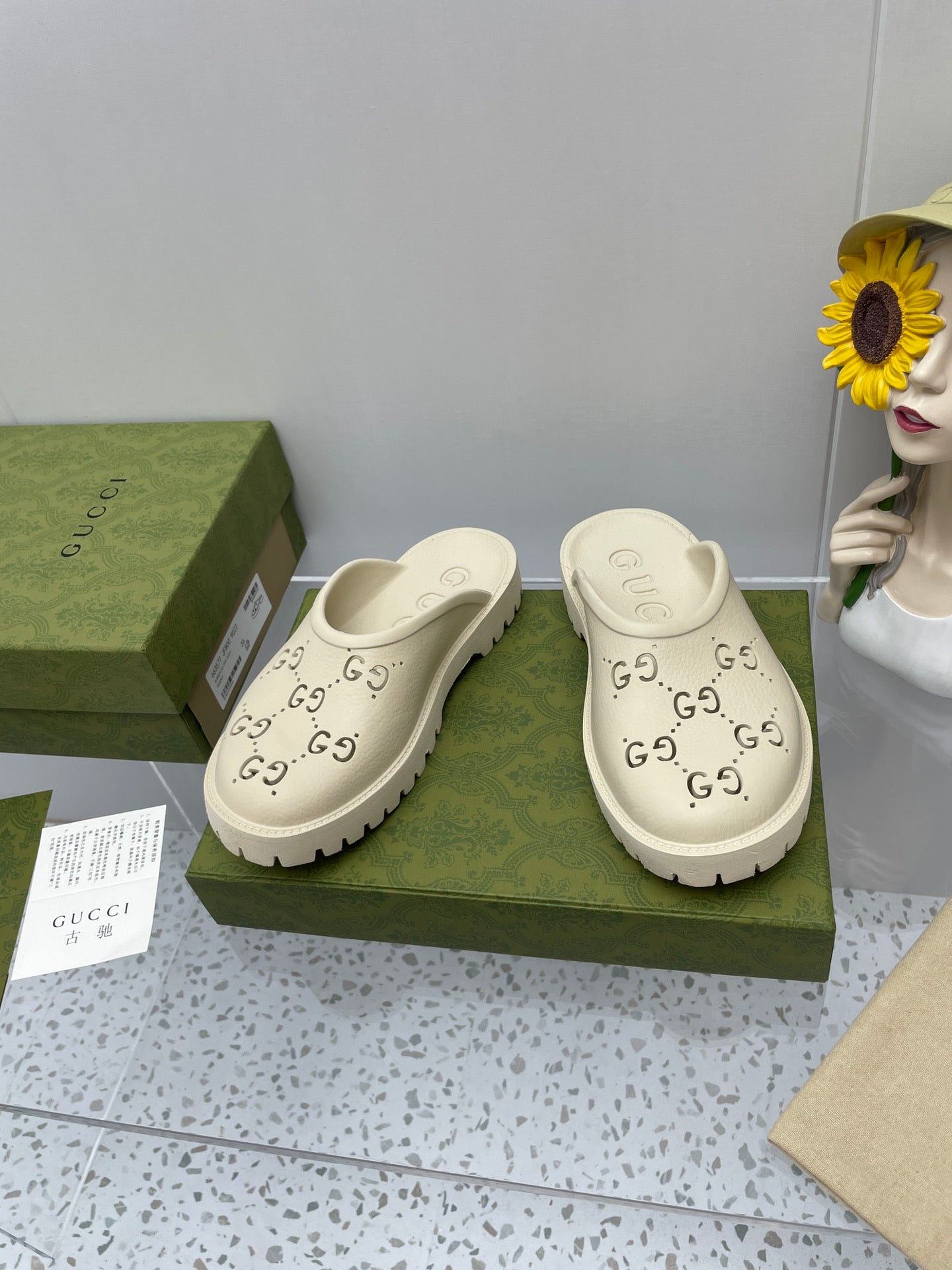 GUCCI PLATFORM PERFORATED G SANDAL CREAM IP FOAM
