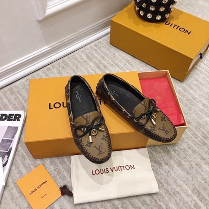 LOUIS VUITTON LV WOMEN'S DRIVER MOCCASIN IN CAMEL BROWN MONOGRAM CALFSKIN