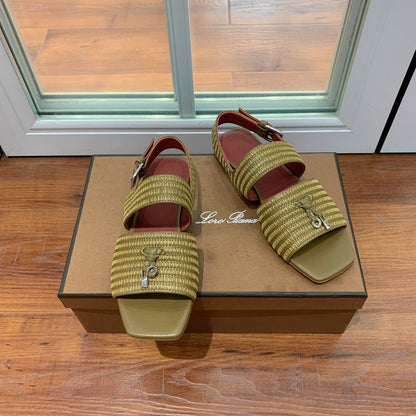 LP RAFFIA CHARMS STRAP FLATS SANDAL OLIVE CALFSKIN