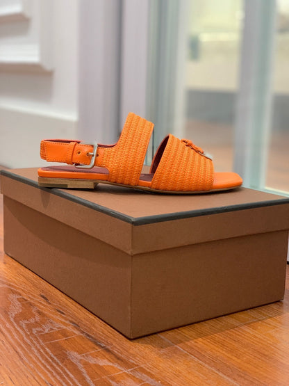 LP RAFFIA CHARMS STRAP FLATS SANDAL ORANGE CALFSKIN