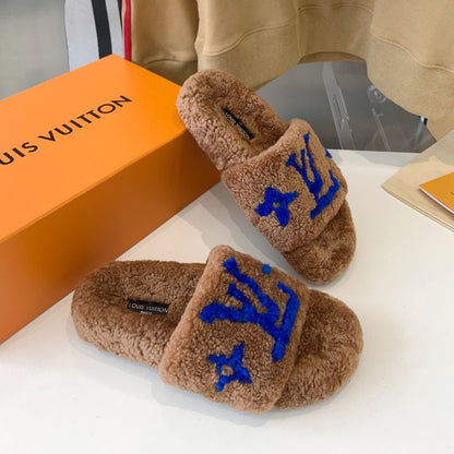 LOUIS VUITTON LV WOMEN'S PASEO FLAT SLIPPER IN BROWN FLEECE WITH BLUE LOGO