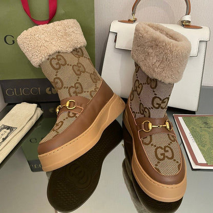 GUCCI HORSEBIT SNOW ANKLE BOOTS IN ECRU BEIGE MONOGRAM JACQUARD FABRIC MIX BROWN CALFSKIN AND LAMB WOOL LINING