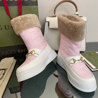GUCCI HORSEBIT ANKLE BOOTS WITH MERINO TRIM IN LIGHT PINK NYLON MIX WHITE CALFSKIN