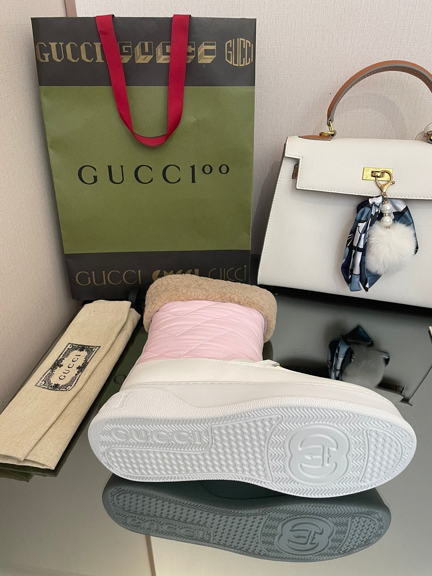 GUCCI HORSEBIT ANKLE BOOTS WITH MERINO TRIM IN LIGHT PINK NYLON MIX WHITE CALFSKIN