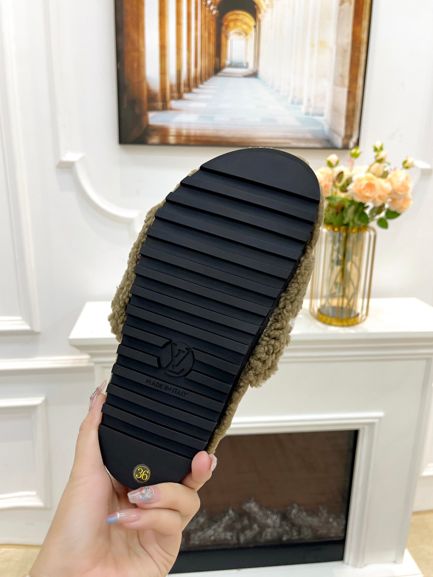 LOUIS VUITTON LV FLAT SLIPPER IN ARMY GREEN MIX WHITE SHEARLING