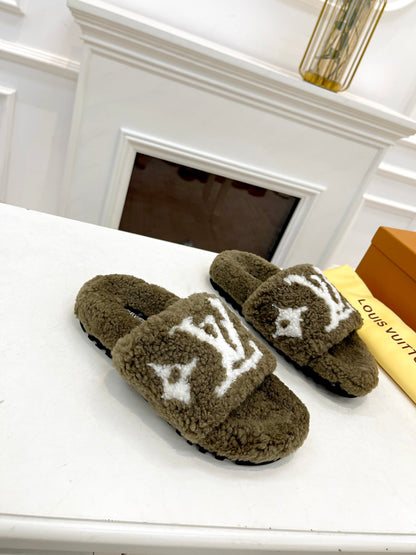 LOUIS VUITTON LV FLAT SLIPPER IN ARMY GREEN MIX WHITE SHEARLING