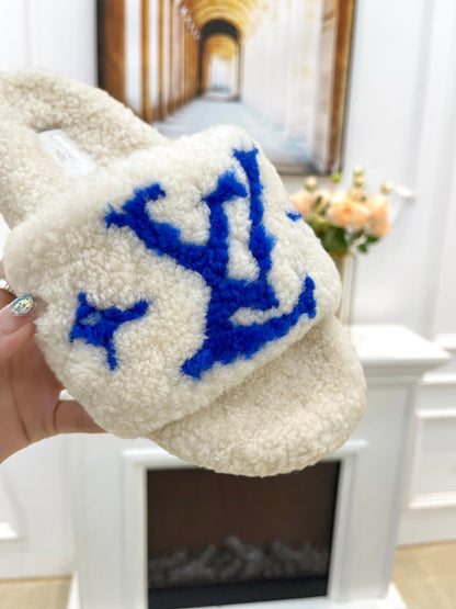 LOUIS VUITTON LV FLAT SLIPPER IN WHITE MIX COBALT BLUE SHEARLING