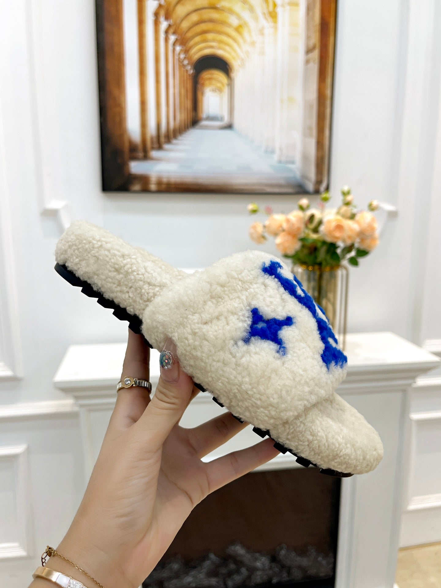 LOUIS VUITTON LV FLAT SLIPPER IN WHITE MIX COBALT BLUE SHEARLING