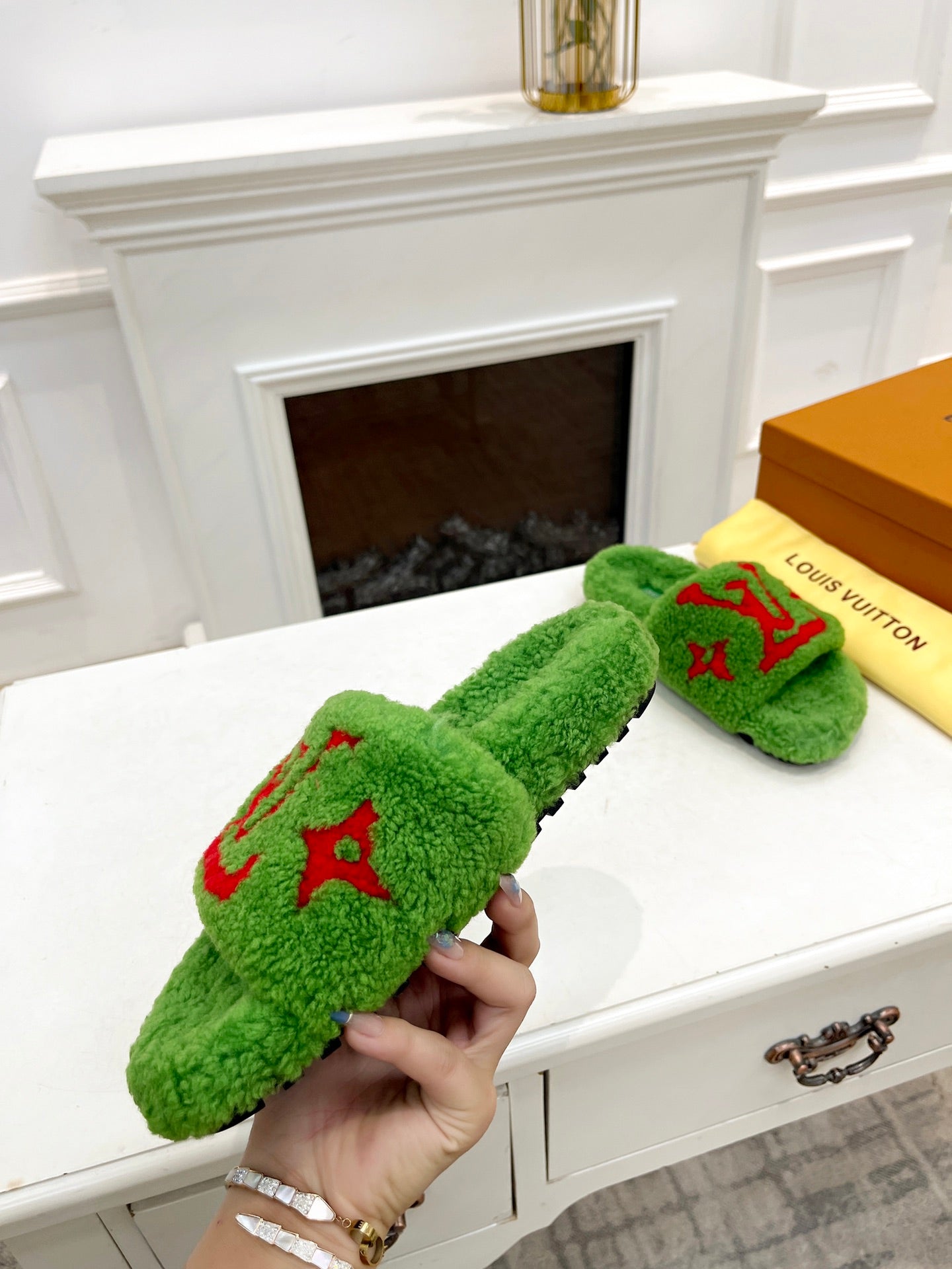 LOUIS VUITTON LV FLAT SLIPPER IN LAWN GREEN MIX CHERRY RED SHEARLING