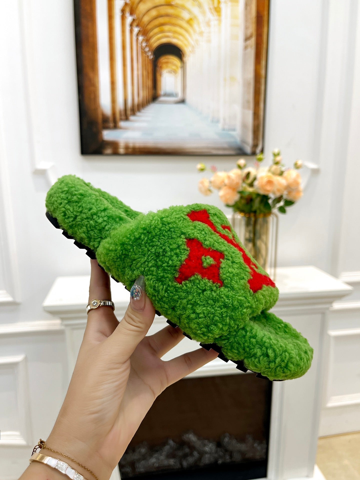 LOUIS VUITTON LV FLAT SLIPPER IN LAWN GREEN MIX CHERRY RED SHEARLING