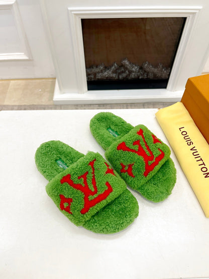 LOUIS VUITTON LV FLAT SLIPPER IN LAWN GREEN MIX CHERRY RED SHEARLING