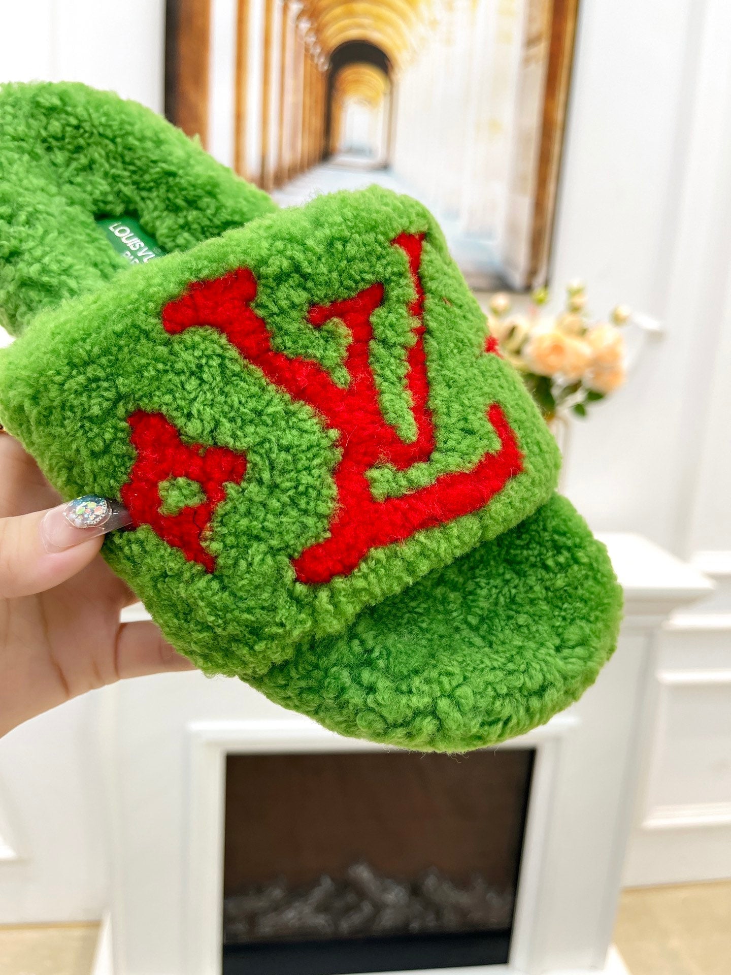 LOUIS VUITTON LV FLAT SLIPPER IN LAWN GREEN MIX CHERRY RED SHEARLING