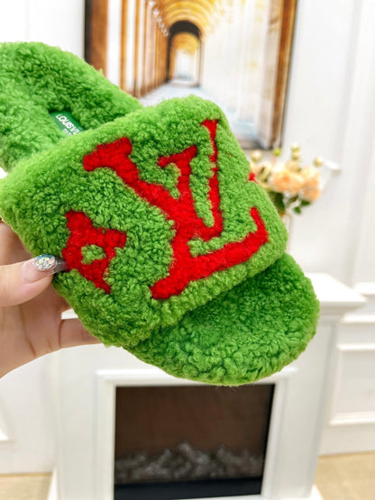 LOUIS VUITTON LV FLAT SLIPPER IN LAWN GREEN MIX CHERRY RED SHEARLING