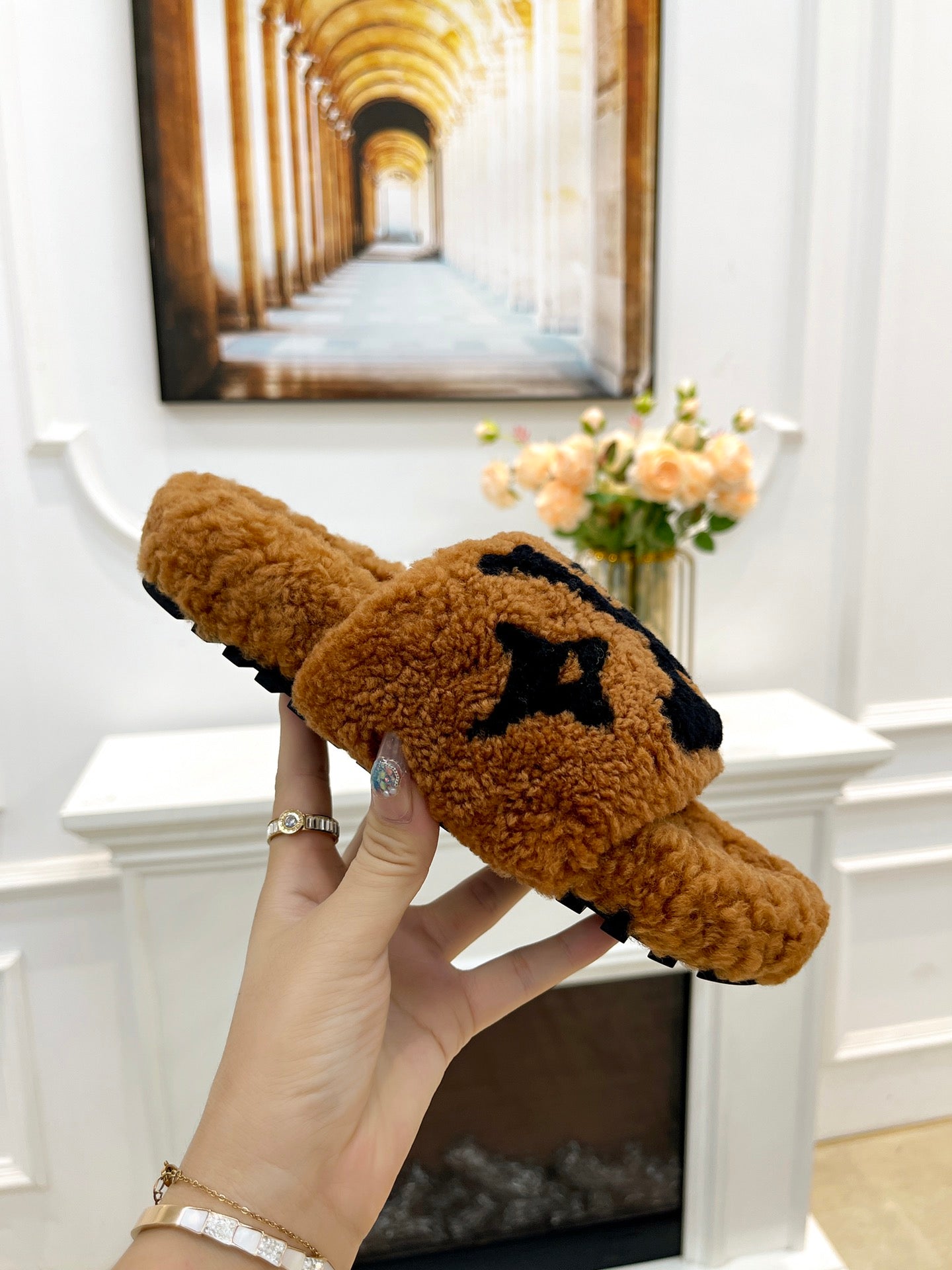 LOUIS VUITTON LV FLAT SLIPPER IN GINGERBREAD BROWN MIX BLACK SHEARLING