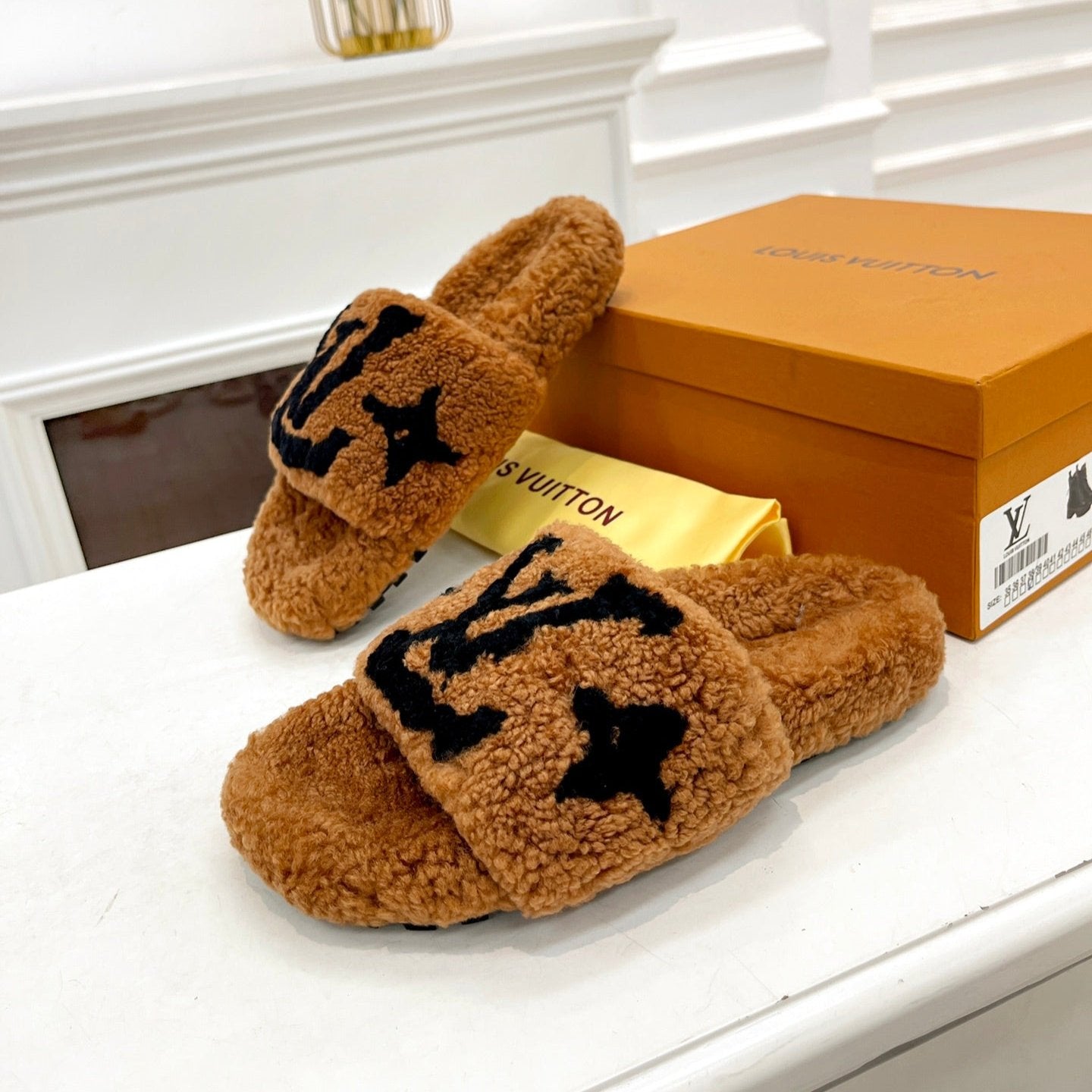 LOUIS VUITTON LV FLAT SLIPPER IN GINGERBREAD BROWN MIX BLACK SHEARLING