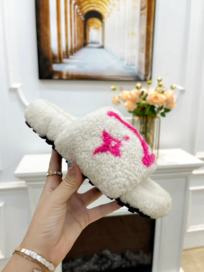 LOUIS VUITTON LV FLAT SLIPPER IN WHITE MIX BRIGHT PINK SHEARLING