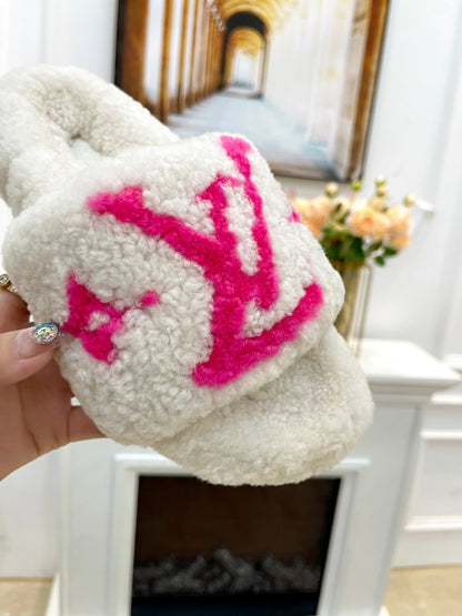LOUIS VUITTON LV FLAT SLIPPER IN WHITE MIX BRIGHT PINK SHEARLING