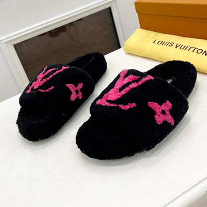 LOUIS VUITTON LV FLAT SLIPPER IN BLACK MIX BRIGHT PINK SHEARLING