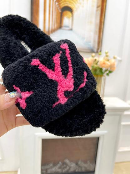 LOUIS VUITTON LV FLAT SLIPPER IN BLACK MIX BRIGHT PINK SHEARLING