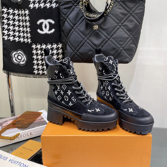 LOUIS VUITTON LAUREATE PLATFORM BOOTS IN BLACK MIX WHITE SUEDE AND MONOGRAM JACQUARD PATTERN