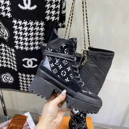 LOUIS VUITTON LAUREATE PLATFORM BOOTS IN BLACK MIX WHITE SUEDE AND MONOGRAM JACQUARD PATTERN