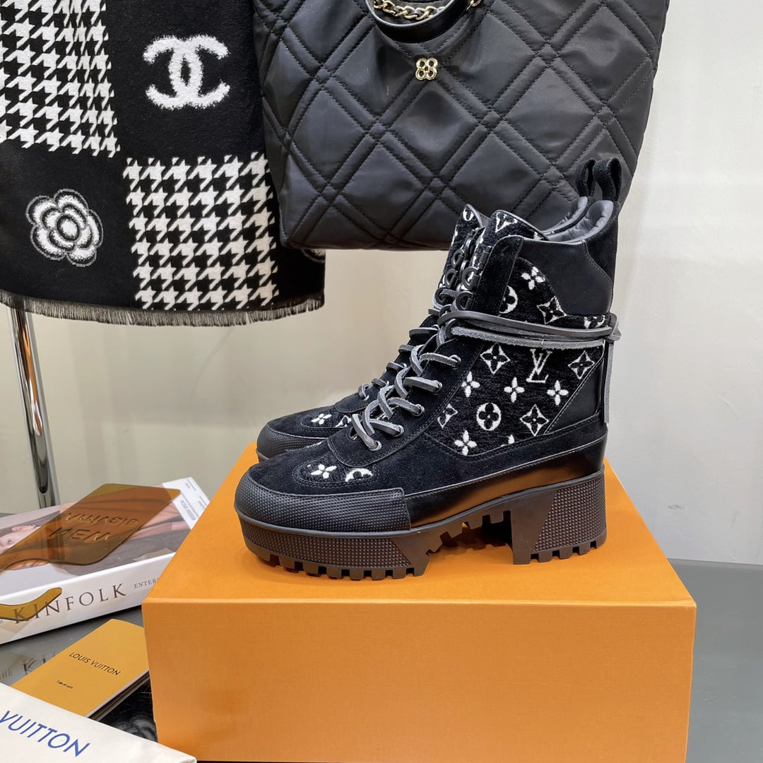 LOUIS VUITTON LAUREATE PLATFORM BOOTS IN BLACK MIX WHITE SUEDE AND MONOGRAM JACQUARD PATTERN