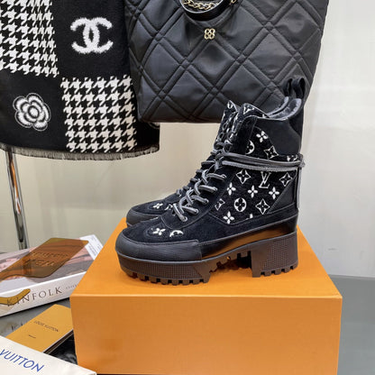 LOUIS VUITTON LAUREATE PLATFORM BOOTS IN BLACK MIX WHITE SUEDE AND MONOGRAM JACQUARD PATTERN