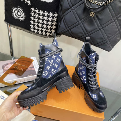LOUIS VUITTON LAUREATE PLATFORM BOOTS IN BLACK SUEDE AND NAVY BLUE MONOGRAM JACQUARD PATTERN