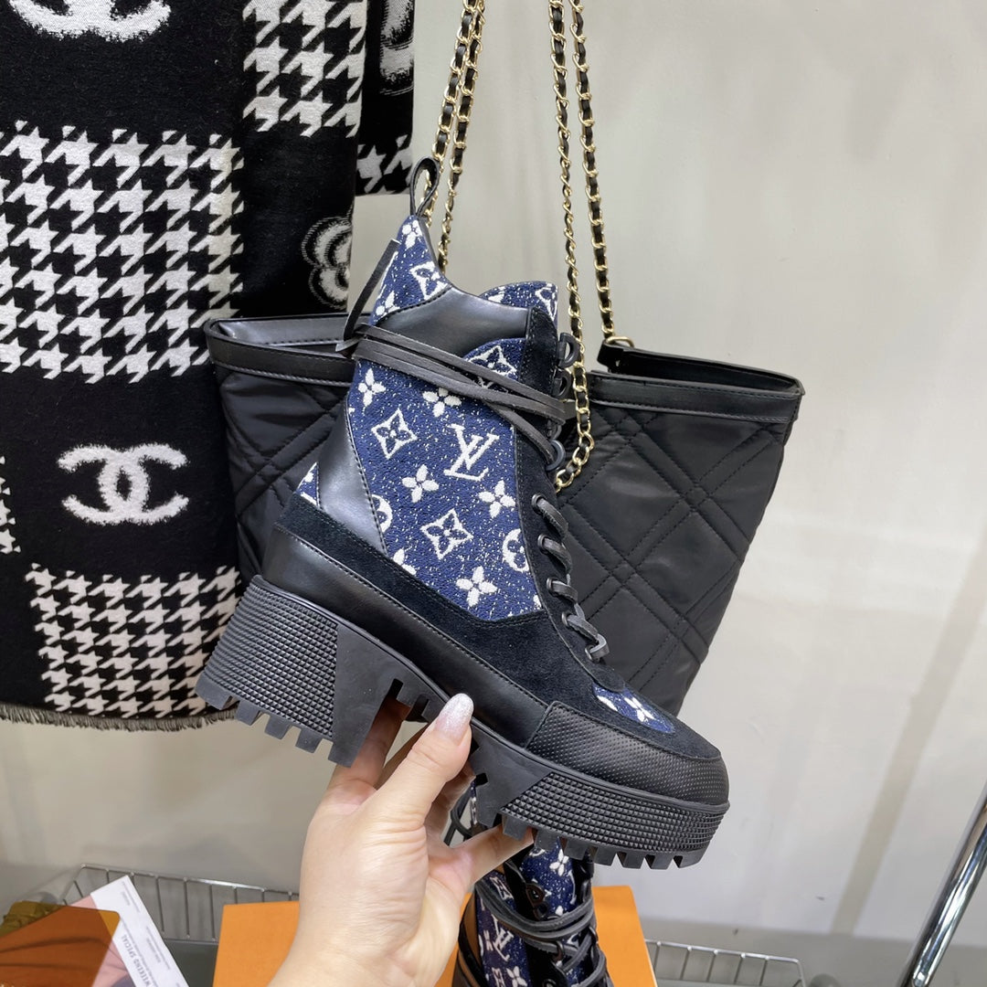 LOUIS VUITTON LAUREATE PLATFORM BOOTS IN BLACK SUEDE AND NAVY BLUE MONOGRAM JACQUARD PATTERN