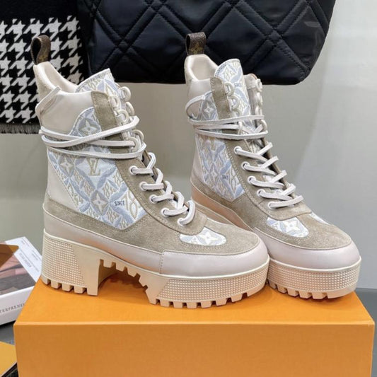 LOUIS VUITTON LAUREATE PLATFORM BOOTS IN OAT TAN SUEDE AND MONOGRAM JACQUARD PATTERN